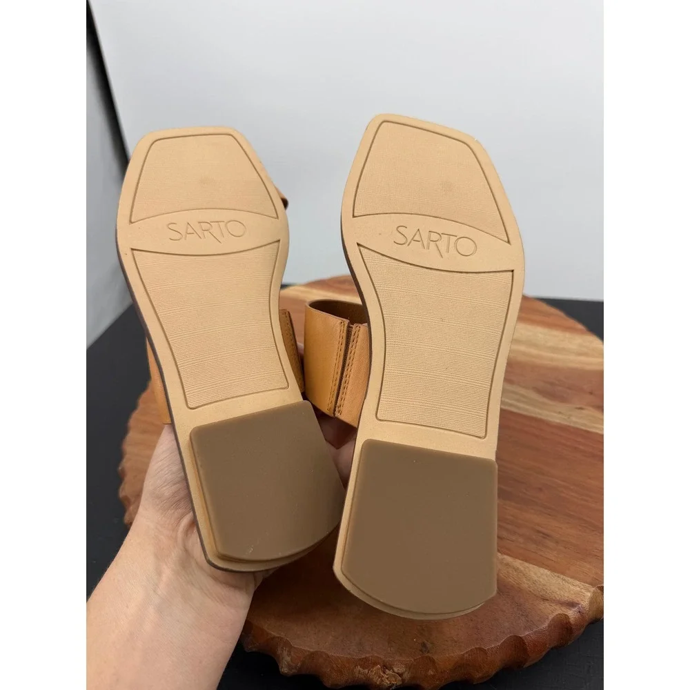 Sarto Ediana Sandals Women 7M Tan Leather Square Toe Loop Flat Slide Shoes
